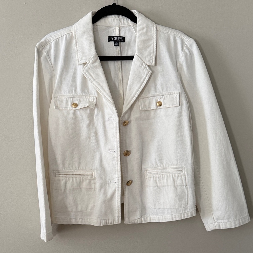J. Crew Women's white denim Blazer with Gold Buttons size 14